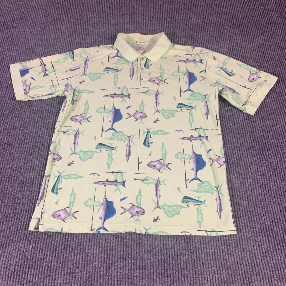 Columbia Shirt Mens Medium‎ Green Polo Fish AOP Golf Preppy Fishing Ocean Casual